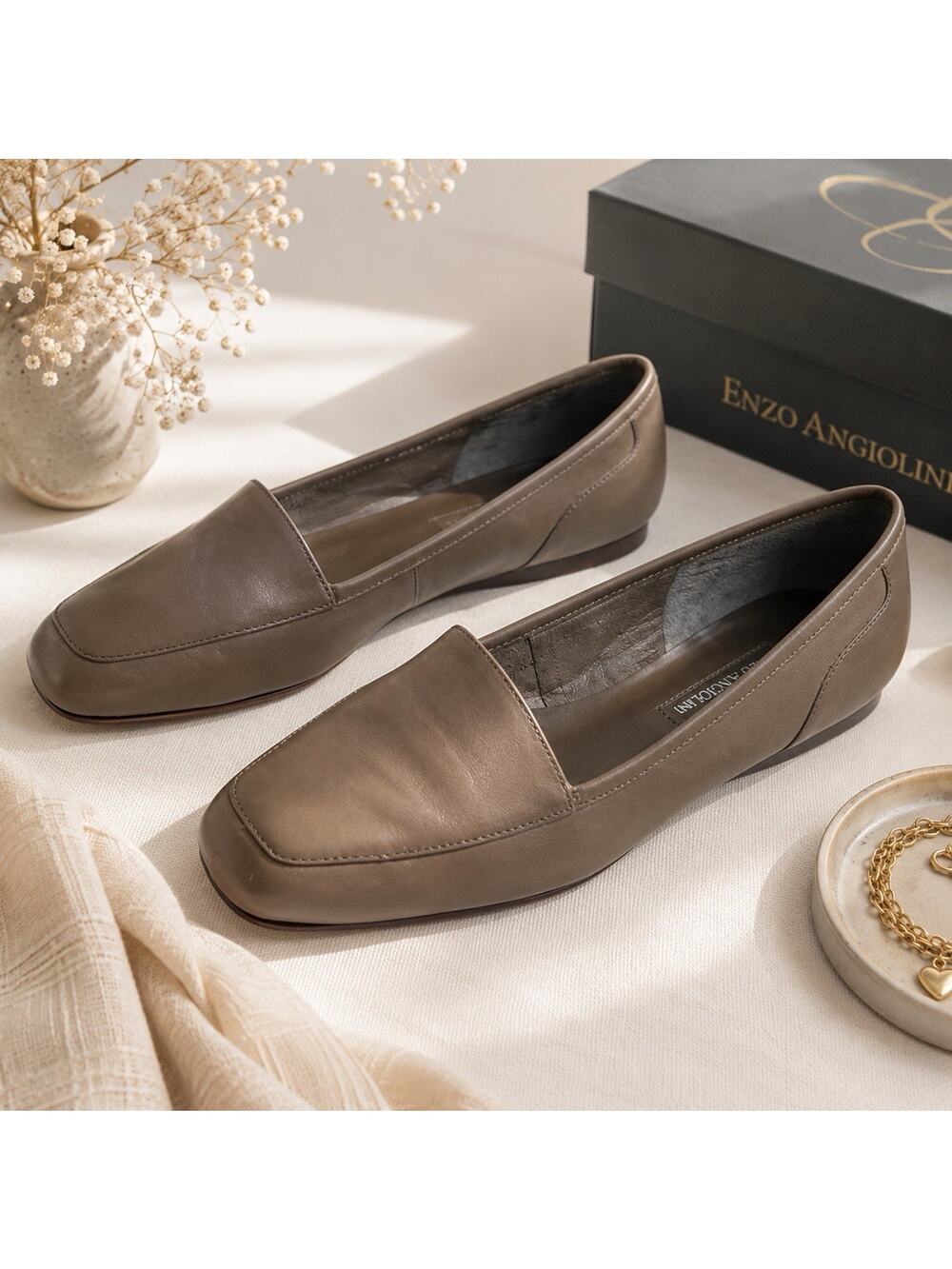 Enzo Angiolini Leather Loafers Flats Taupe Brown Womens 7.5 Slip On Quiet Luxury